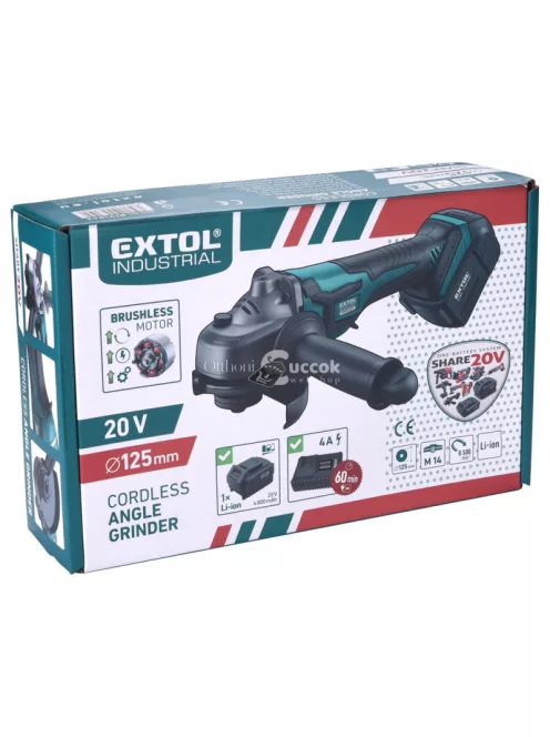EXTOL INDUSTRIAL akkus sarokcsiszológép, Share20V, 20V, Li-ion, 1db akku, 1db töltő, 4000 mAh, 125 mm