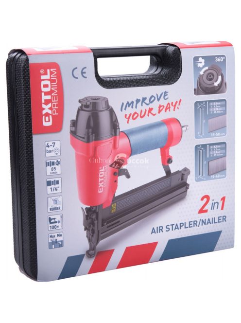 EXTOL PRMIUM pneumatikus szögbelövő gép, szalagtáras szegekhez, üzemi nyomás: 4-7 Bar, csatlakozó: 1/4', 80 lövés/perc, 85l/perc