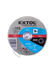   EXTOL PREMIUM vágókorong 10 db, acélhoz/inoxhoz, kék; 115×1×22,2mm, max 13300 ford/perc, fémdobozban