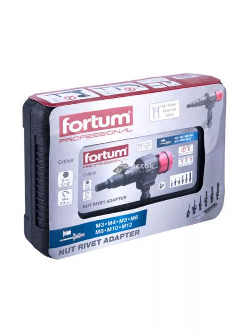 FORTUM adapter klt. fúrógéphez, POP-NUT szegecsanyákhoz, 6 db, M3-M4-M5-M6-M8-M10-M12; 8 mm (5/16') hatszög befogás, FORTUM
