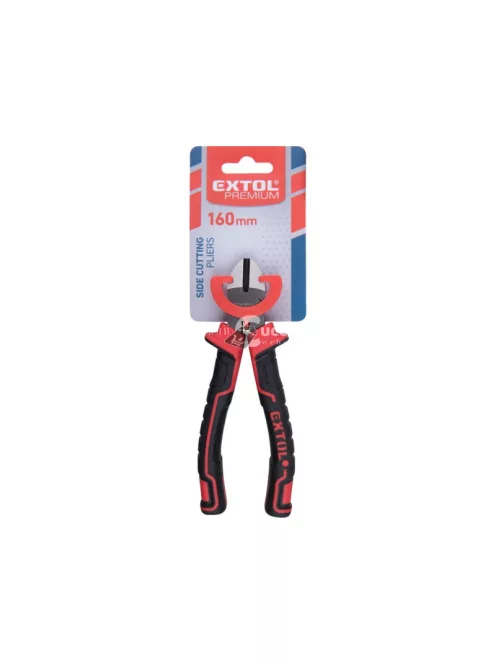 EXTOL PREMIUM oldalcsípő fogó, 160mm, duál vörös/fekete, TPR nyél, akasztós szerszámtartó