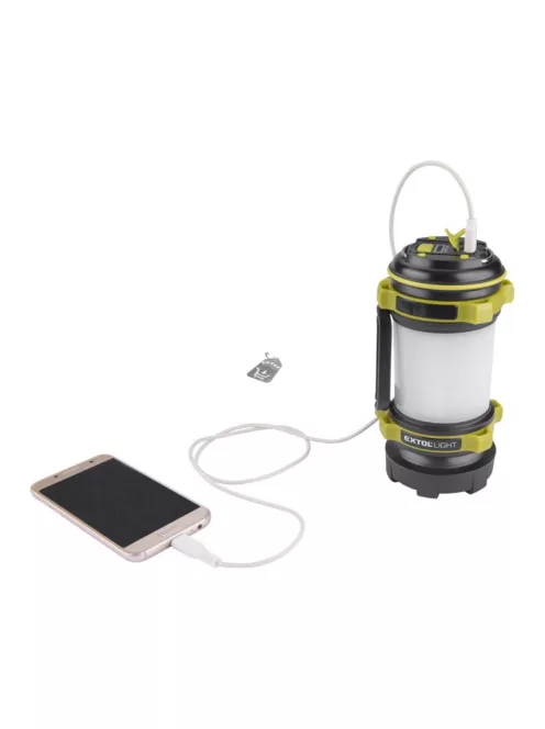 EXTOL LIGHT LED lámpa, tölthető; 350 Lm, cserélhető Li-ion akku, 2600 mAh, powerbank funkció, cseppálló