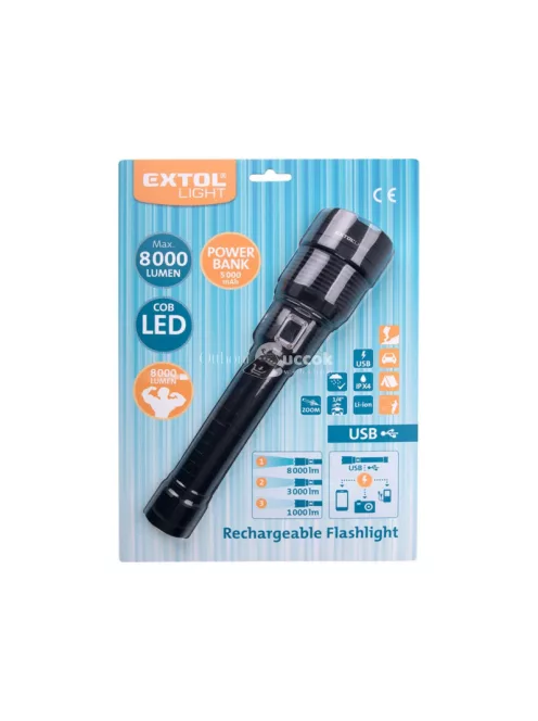EXTOL LIGHT LED lámpa, 60 W COB LED; 8000 Lm, ALU ház, zoom, USB újratölthető Li-ion akkus, 5000 mAh, Power Bank funkció