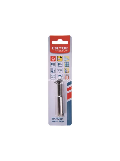 EXTOL PREMIUM körkivágó üvegre, kerámiára és csempére, gyémánt vágóél; 12×65mm, fúrógépbe fogható