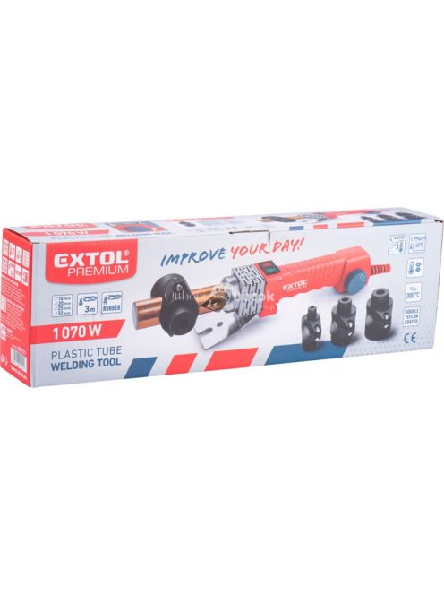 EXTOL PRMIUM műanyagcső hegesztő gép, 1070W, cserélhető fejek:16-20-25-32mm, 240-300°C, pontosság: +/-1°C