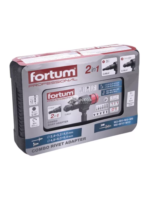 FORTUM adapter klt. fúrógéphez, 2 az 1-ben, popszegecsekhez és POP-NUT szegecsanyákhoz, 15 db, FORTUM