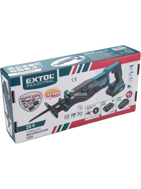 EXTOL INDUSTRIAL akkus szablyafűrészgép, Share20V, Li-ion, 1db akku, 1db töltő, 2000 mAh, 0-3000 ford/perc