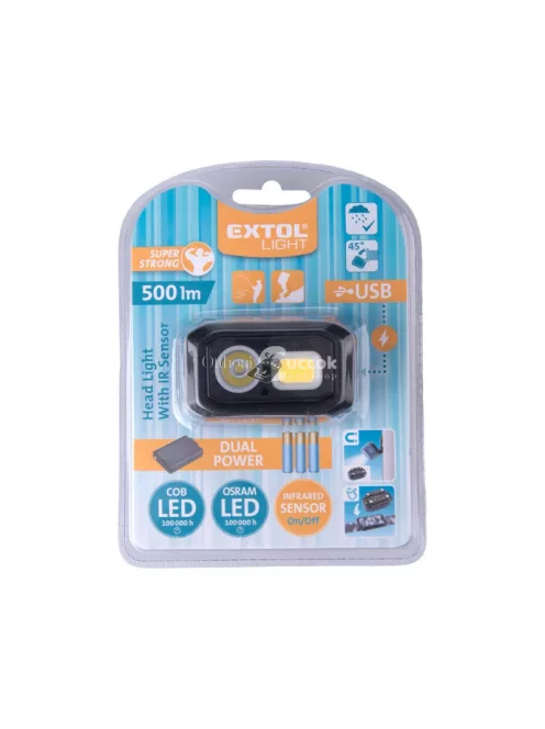 EXTOL LIGHT LED fejlámpa, Osram+COB, 500 Lumen; IR szenzor, tölthető akkuval+AAA elemmel is, 4 funkció, cseppálló: IPX4