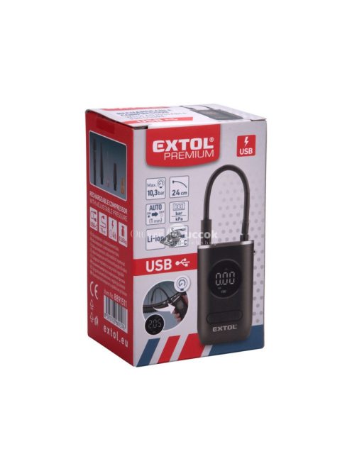 EXTOL PREMIUM akkus légkompresszor 7,4V, 2000 mAh Li-ion akku, max. 10,3 Bar