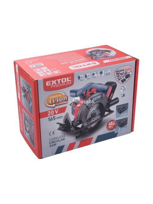 EXTOL PRMIUM akkus körfűrészgép, Share20V, 20V, Li-ion, 1db akku, 1db töltő, 2000 mAh, 0-3650 ford/perc, 165 mm tárcsa