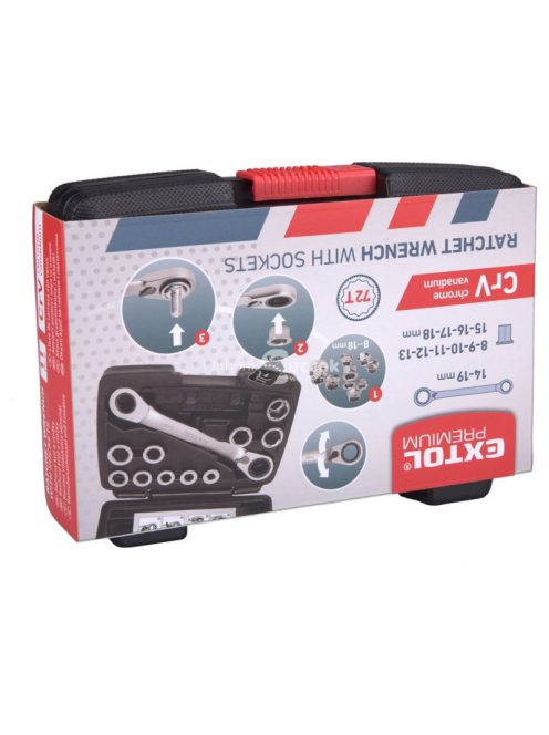 EXTOL PREMIUM racsnis csillag kulcs klt. 11db; cserélhető betétekkel: 8-19mm CrV. 72 foggal, 2 irányú forgás