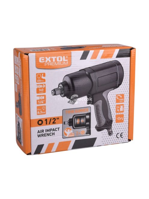 EXTOL PRMIUM légkulcs, 1/2', 800Nm, erős, 3 fokozatú (Twin Hammer), 7000 1/min, 142l/min, 6,3 Bar, 3/8' tömlőcsatlakozó, 2,4kg