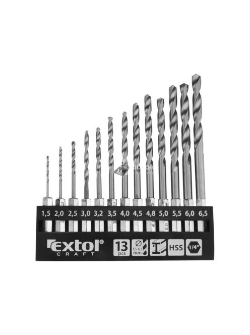 EXTOL CRAFT fémcsigafúró klt., 13db, HSS; 1,5-6,5mm, 1/4'' BIT befogás, polírozott, műanyag tartóban, bliszteren