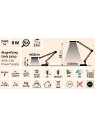 EXTOL LIGHT nagyító LED lámpa, asztali, Fehér, 7 W COB, 2400 Lm, 5× nagyítás; mechanikusan állítható rögzítés, USB töltőkábel
