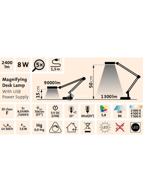 EXTOL LIGHT nagyító LED lámpa, asztali, Fehér, 7 W COB, 2400 Lm, 5× nagyítás; mechanikusan állítható rögzítés, USB töltőkábel