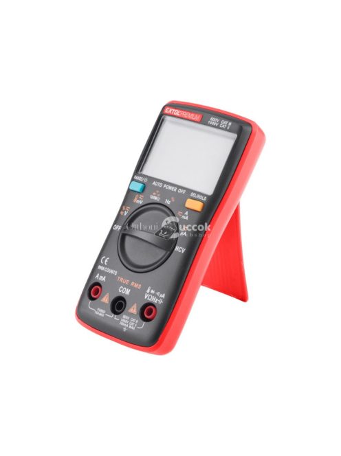 EXTOL PREMIUM digitális multiméter; Amper/Volt/Ohm mérő, True RMS, hangjelző funkcióval, CE, 2 db 1,5V AA elem