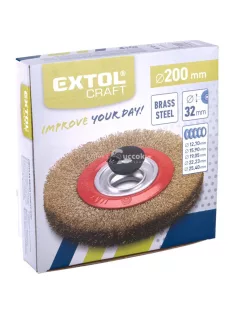   EXTOL CRAFT drótcsiszoló körkefe kettős köszörűre, 200mm, 32mm átm. műa. adapterek, hullámos szálú, rezezett acél
