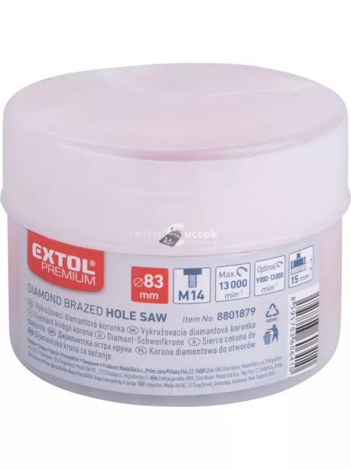 EXTOL PREMIUM körkivágó csempére, gyémánt vágóél; 83mm × M14, sarokcsiszolóba fogható