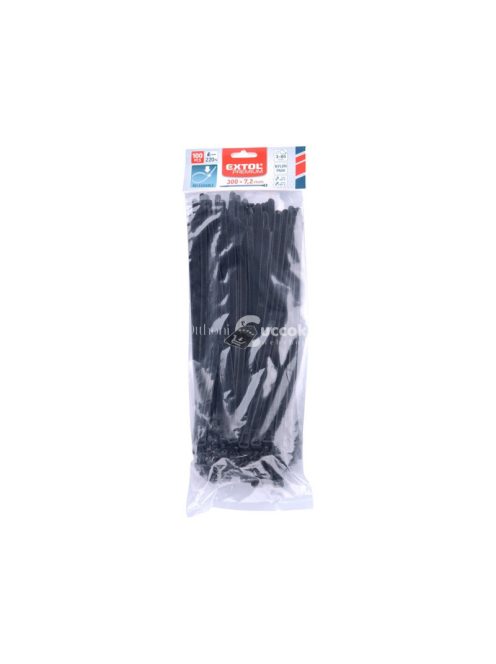 EXTOL PREMIUM kábelkötegelő 7,2×300 mm 100db, többször használható (oldható) fekete nylon; UV-, sav- és lúgálló
