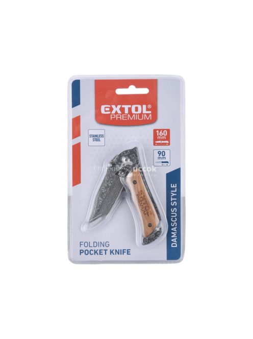 EXTOL PREMIUM zsebkés (bicska), rozsdamentes acél penge damaszk mintával, fa betétes nyél, teljes/összecsukott hossz.:160/90 mm