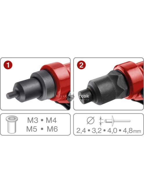 FORTUM szegecsanya- és popszegecs húzó fogó, 2az1ben, forgatható fejű, kétkaros; 260 mm, CrVMo fej, FORTUM