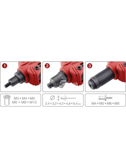 FORTUM szegecsanya-, szegecscsavar- és popszegecs húzó fogó, 3az1ben, kétkaros; 325mm, CrVMo fej, FORTUM
