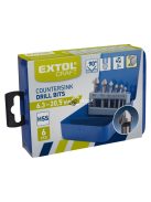 EXTOL CRAFT kúpos süllyesztő klt. 6db, 90 fokos, 3 élű; 6,3-8,3-10,4-12,4-16,5-20,5mm, 1/4' háromszög befogás, HSS acél, fém dob