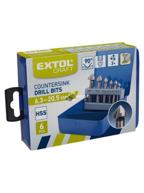 EXTOL CRAFT kúpos süllyesztő klt. 6db, 90 fokos, 3 élű; 6,3-8,3-10,4-12,4-16,5-20,5mm, 1/4' háromszög befogás, HSS acél, fém dob