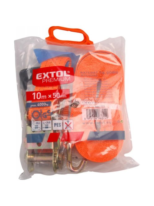 EXTOL PREMIUM rakományrögzítő gurtni, kampós, max. 4000kg; 10m×50mm, EN12195-2,TÜV/GS
