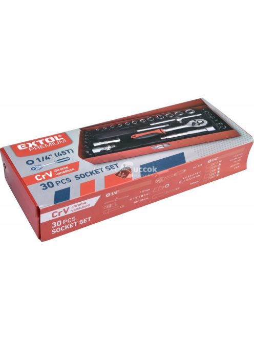 EXTOL PREMIUM dugókulcs klt., CV., racsnis 45fog ; 1/4' 30db, normál (4-14mm) dugófejek, bitdugófej (-, +, imbusz, torx), fém do