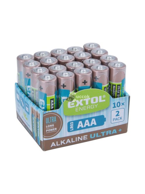 EXTOL ENERGY elem klt. 20 db, alkáli, 1,5V, méret: AAA (LR03); hosszú étettartam, 10×2db-os kínálóban