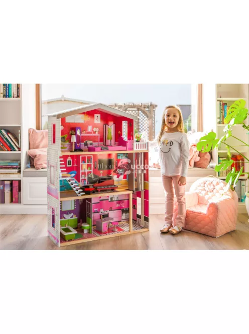 Nagyméretű fa babaház liften és bútorokkal - Malibu Otthon ECOTOYS
