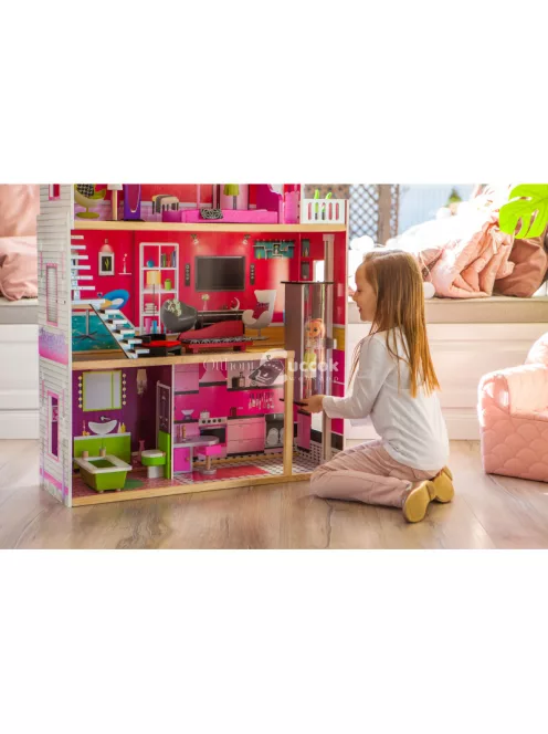 Nagyméretű fa babaház liften és bútorokkal - Malibu Otthon ECOTOYS