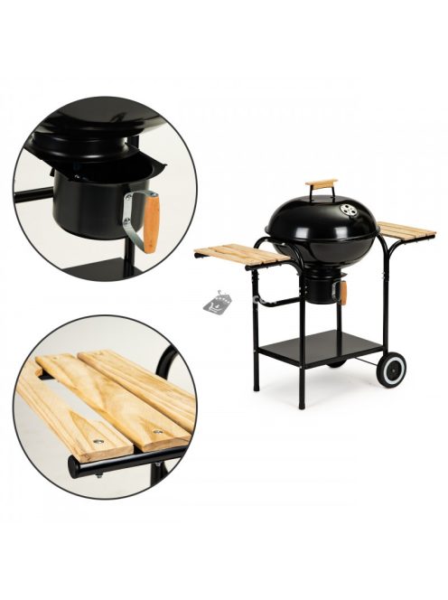 Szénkerti grill fedéllel és polcokkal, ráccsal és hamutálcával