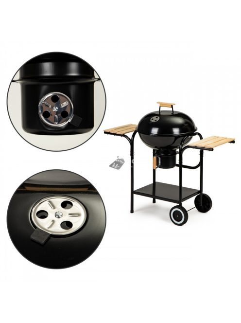 Szénkerti grill fedéllel és polcokkal, ráccsal és hamutálcával