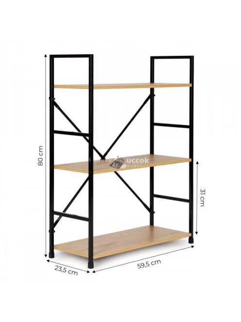 Fa könyvespolc fémes vázzal széles LOFT 3 polccal