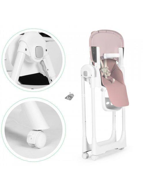 Magas szék, etetőszék, magasságállítható, öko-bőr pántok, dupla tálca rózsaszín