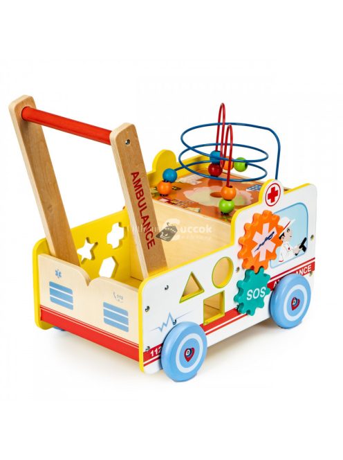 Okosító fa tologató Mentőautó 2 az 1-ben kockával + építőkockákkal