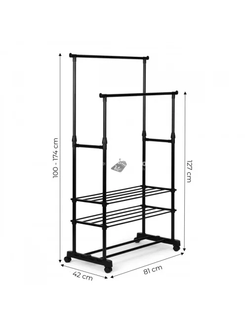 Univerzális ruhafogas kerekekkel, állítható magassággal, 2 rúddal