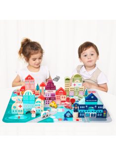 Fa tanuló építőkocka város szőnyeggel 121 darab