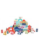 Fa tanuló építőkocka város szőnyeggel 121 darab