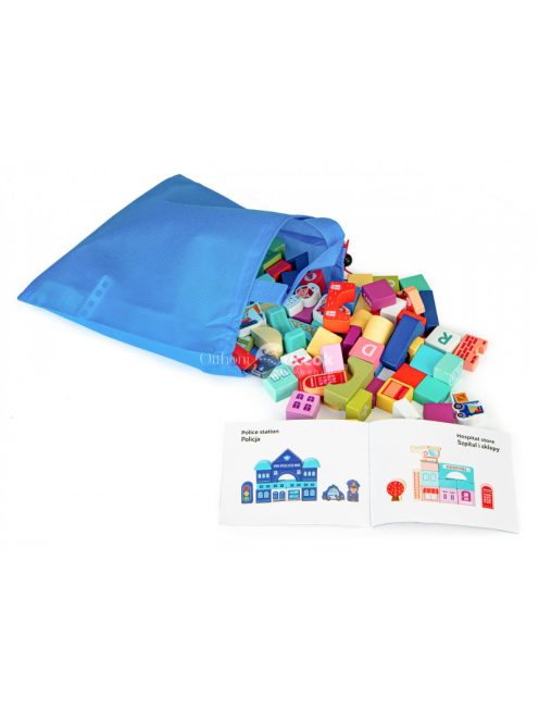 Okos fa építőkocka város készlet szőnyeggel 121 db