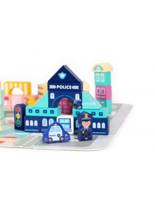 Okos fa építőkocka város készlet szőnyeggel 121 db