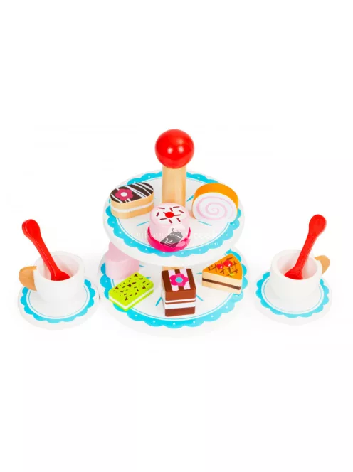 Fa torta készlet Ecotoys - gyerek játékfa torta, fa játék konyha, tortaformák, fa játék élelmiszerek, szerepjáték