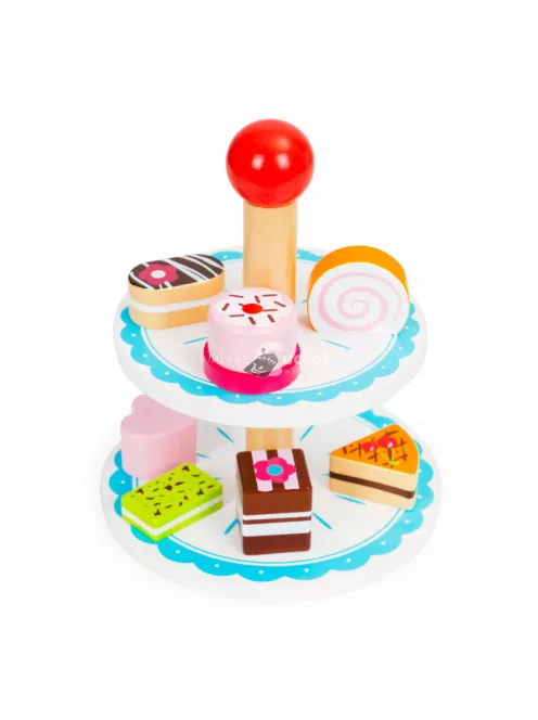 Fa torta készlet Ecotoys - gyerek játékfa torta, fa játék konyha, tortaformák, fa játék élelmiszerek, szerepjáték