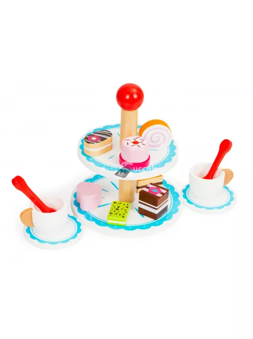 Fa torta készlet Ecotoys - gyerek játékfa torta, fa játék konyha, tortaformák, fa játék élelmiszerek, szerepjáték