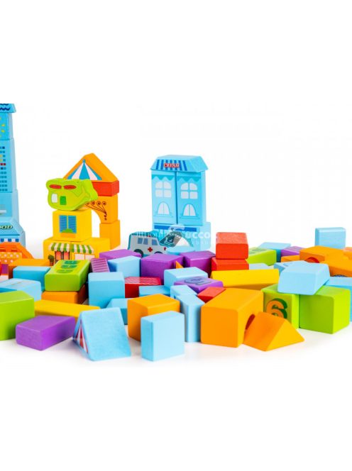 Fa oktató építőkocka város 100 db-os szortírozóval
