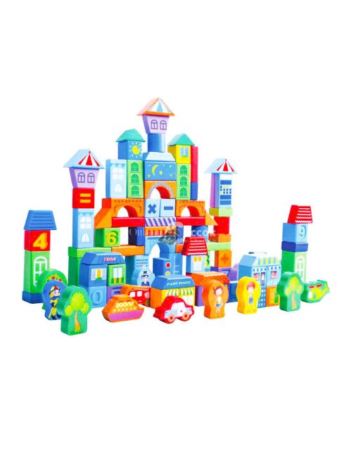 Fa oktató építőkocka város 100 db-os szortírozóval