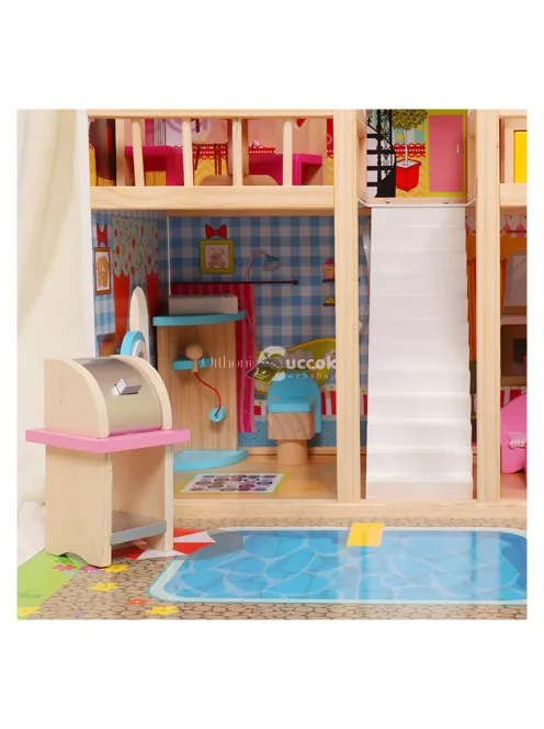 Fa babaház bútorokkal, medencével és világítással ECOTOYS
