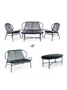   Rattan kerti bútor szett fém székekkel, pad és fekete asztal - kerti bútor, rattan bútor, kerti asztal, kerti szék